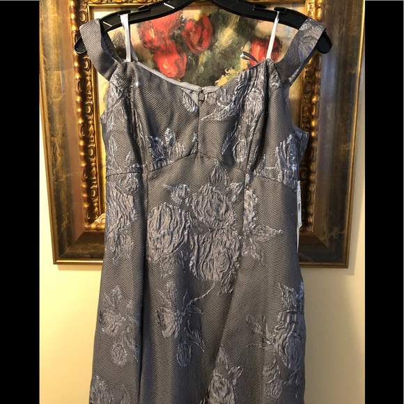 Aidan Mattox Gunmetal Off The Shoulder Silver Floral Detail-Soft Mesh Lined Gown - Picture 3 of 14
